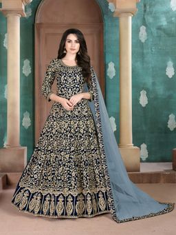 Odette - Blue Georgette Embroidered Semi Stitched Dress Material (Set of 3)