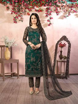 Odette - Green Net Embroidered Semi Stitched Dress Material with Inner (Set of 4)