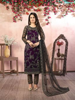 Odette - Purple Net Embroidered Semi Stitched Dress Material with Inner (Set of 4)