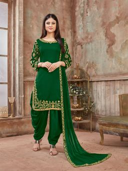 Odette - Green Art Silk Embroidered Semi Stitched Dress Material (Set of 3)