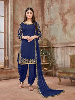 Odette - Blue Art Silk Embroidered Semi Stitched Dress Material (Set of 3)