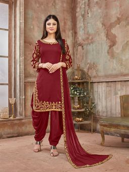 Odette - Maroon Art Silk Embroidered Semi Stitched Dress Material (Set of 3)