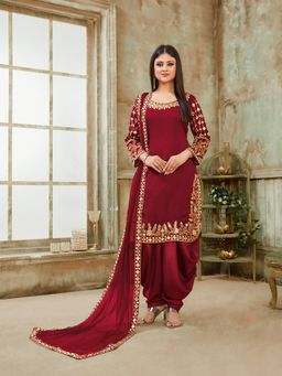 Odette - Maroon Art Silk Embroidered Semi Stitched Dress Material (Set of 3)