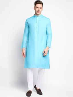 Devoiler - Men Plain Sky Blue Cotton Kurta