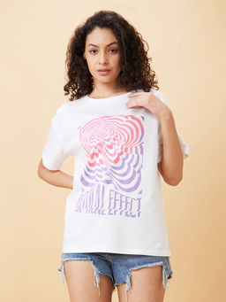 Globus - Women White Printed Boxy Fit Casual T-Shirt