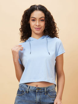 Globus - Women Blue Solid Hooded Regular Fit Casual T-Shirt