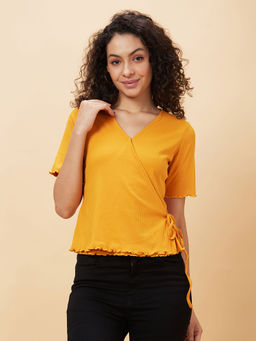 Globus - Women Mustard Solid Wrap V-Neck Casual Top