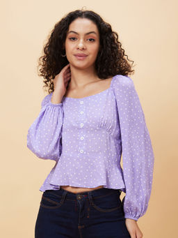 Globus - Women Lavender Printed Sweetheart Neck Casual Top