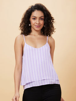 Globus - Women Lavender Striped Shoulder Straps Casual Top