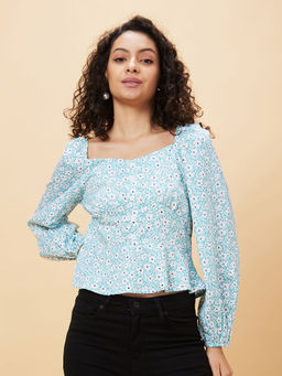 Globus - Women Blue Floral Printed Sweetheart Neck Casual Top