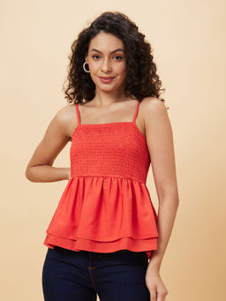 Globus - Women Red Textured Shoulder Straps Casual Top