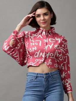 SHOWOFFFF - Women's Batwing Sleeves Typography Pink Shirt Style Top