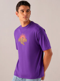The Indian Garage Co - Men Purple Boxy Oversized Back Printed Round Neck T-Shirt