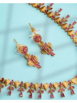 Vosgi - Pink Regal Gold-Plated Emerald And Floral Pave Jewellery Set