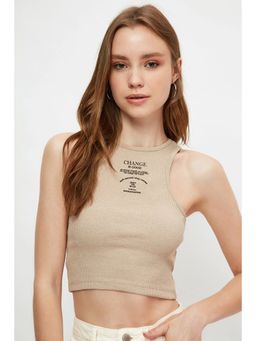 Trendyol - Beige Semi-fit Graphic Round Neck Top