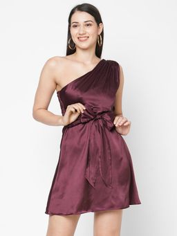 MISH - Maroon Satin One Shoulder Tie-Up Style Sheath Dress