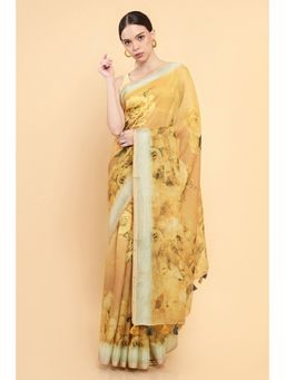 Soch - Women Mustard Linen Printed Saree with Stitched Blouse