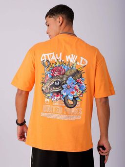 The Indian Garage Co - Men Oversized Graphic Back Printed Orange Crew Neck T-Shirt