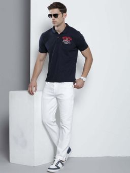 The Indian Garage Co - Men Slim Fit Placement Embroidery Navy Blue Polo Collar T-Shirt