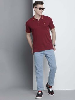 The Indian Garage Co - Men Slim Fit Solid Red Polo Collar T-Shirt