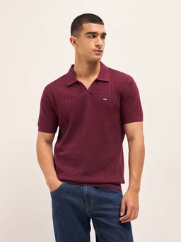 The Bear House - Men's Maroon Slim Fit Textured Casual Polo T-Shirt