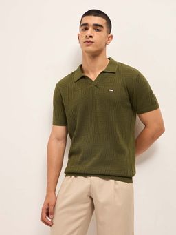 The Bear House - Men's Olive Slim Fit Textured Casual Polo T-Shirt