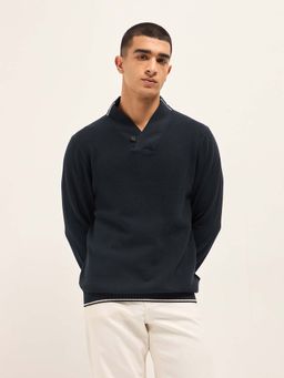 The Bear House - Men's Navy Blue Slim Fit Textured Casual T-Shirt