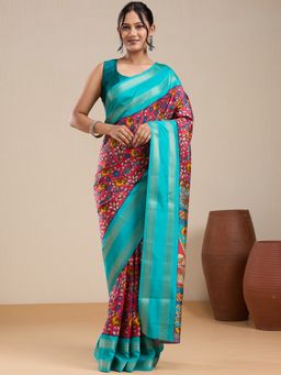 Vervee Couture - Red Floral Printed Silk Blend Saree with Unstitched Blouse