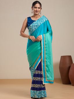 Vervee Couture - Blue Silk Blend Ombre Printed Saree with Unstitched Blouse