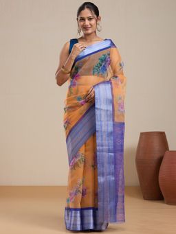 Vervee Couture - Orange Blue Floral Printed Silk Blend Saree and Unstitched Blouse