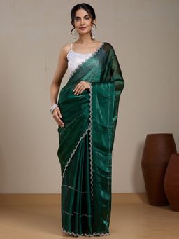 Vervee Couture - Green Poly Georgette Embellished Saree and Unstitched Blouse