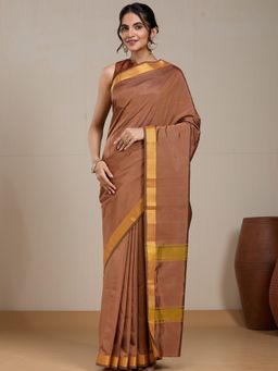 Vervee Couture - Brown Silk Blend Saree with Zari Border and Unstitched Blouse