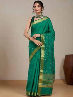 Vervee Couture - Emerald Green Gold Woven Silk Blend Saree and Unstitched Blouse