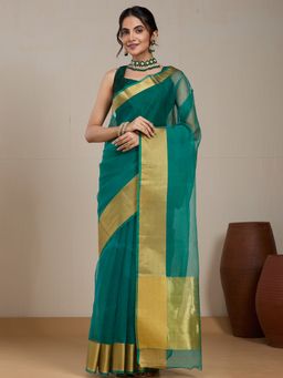 Vervee Couture - Teal Blue Gold Silk Blend Saree and Unstitched Blouse