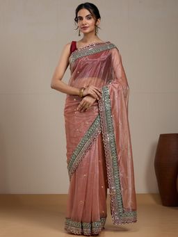 Vervee Couture - Onion Pink Poly Georgette Embellished Saree and Unstitched Blouse