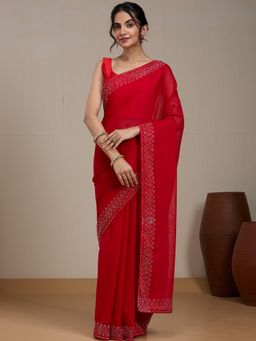 Vervee Couture - Red Poly Georgette Embellished Saree and Unstitched Blouse