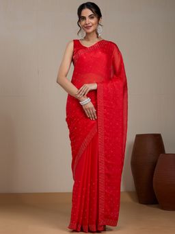 Vervee Couture - Red Poly Georgette Embellished Saree and Unstitched Blouse