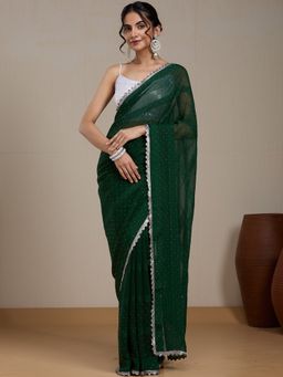 Vervee Couture - Green Poly Georgette Embellished Saree and Unstitched Blouse