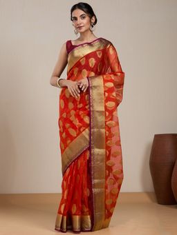 Vervee Couture - Red Woven Silk Blend Saree and Unstitched Blouse