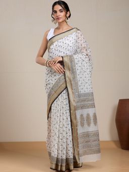 Vervee Couture - Off White Floral Printed Silk Blend Saree and Unstitched Blouse