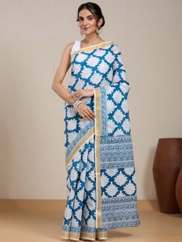 Vervee Couture - Blue Floral Printed Silk Blend Saree and Unstitched Blouse