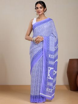 Vervee Couture - Lavender Floral Printed Poly Georgette Saree and Unstitched Blouse