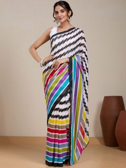 Vervee Couture - Multicolor Striped Printed Georgette Saree and Unstitched Blouse