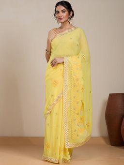 Vervee Couture - Yellow Floral Embroidered Poly Georgette Saree and Unstitched Blouse