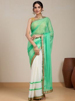 Vervee Couture - Green Poly Georgette Saree and Unstitched Blouse