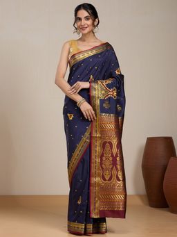 Vervee Couture - Navy Blue Woven Silk Blend Saree and Unstitched Blouse