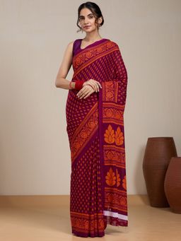 Vervee Couture - Magenta Printed Poly Georgette Saree and Unstitched Blouse