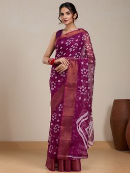 Vervee Couture - Purple Bandhani Printed Silk Blend Saree and Unstitched Blouse