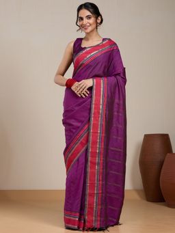 Vervee Couture - Purple Stripes Woven Silk Blend Saree and Unstitched Blouse
