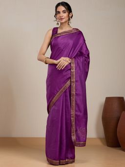 Vervee Couture - Purple Silk Blend Zari Border Saree and Unstitched Blouse